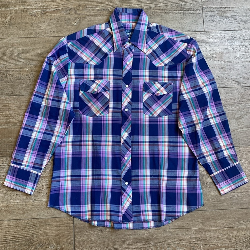 Vintage Mens Wrangler Blue Purple Plaid Casual Western Button Down Shirt 16-16.5 - Picture 2 of 4